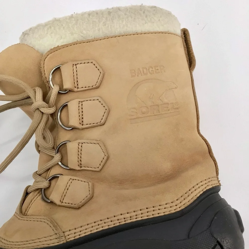 Sorel US Badger II Boots Beige Tan Leather Brown Rubber Winter Lined Size 8